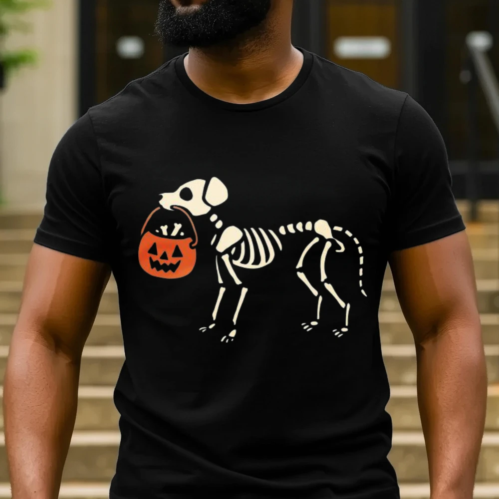 Puppy Skeleton Trick-Or-Treat Cotton Tshirt Dog Lover Halloween Casual Tops Fashion Fall Spooky Vibes Halloween Men Women Tees