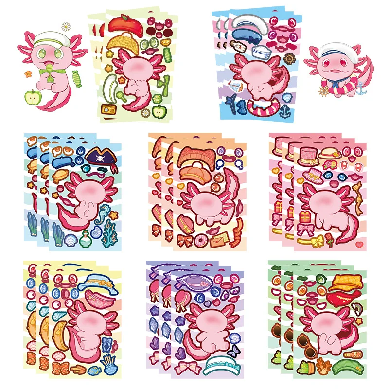 

8/16Sheets Cartoon Pink Salamander Animal Sticker Creative Decoration Mobile Phone Case Water Cup Notebook Children's Toys Gifts