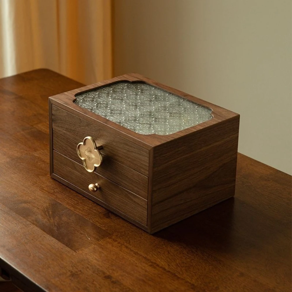 Exquisite Peony Flowers Glass Storage Box,vintage Wooden Tabletop with Flip-up Cover for Organizing,makeup Table Decoration Item
