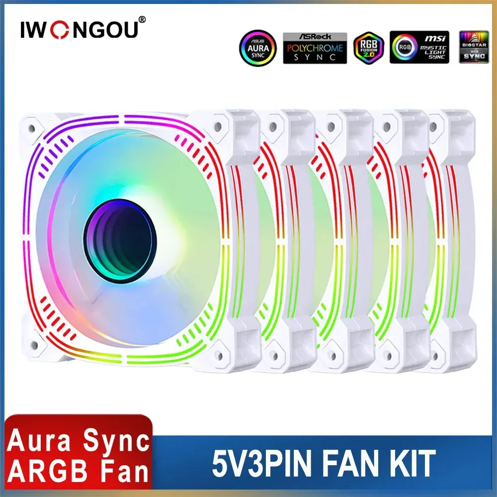 IWONGOU Kit Fan RGB 120mm White Ventilador 5V3Pin Cooler for PC Case Aura Sync Argb Controller Unlimited Space Cooling Ventoinha