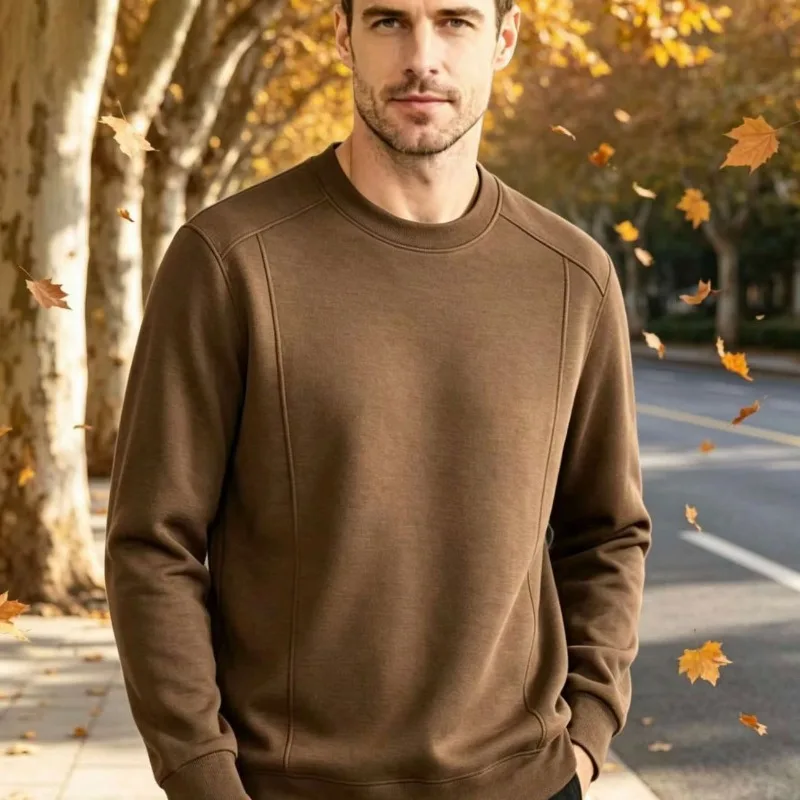 Men Autumn Solid Color Crew Neck Sweatshirt Long Sleeve Stitching Detail Casual Loose Pullover Tops