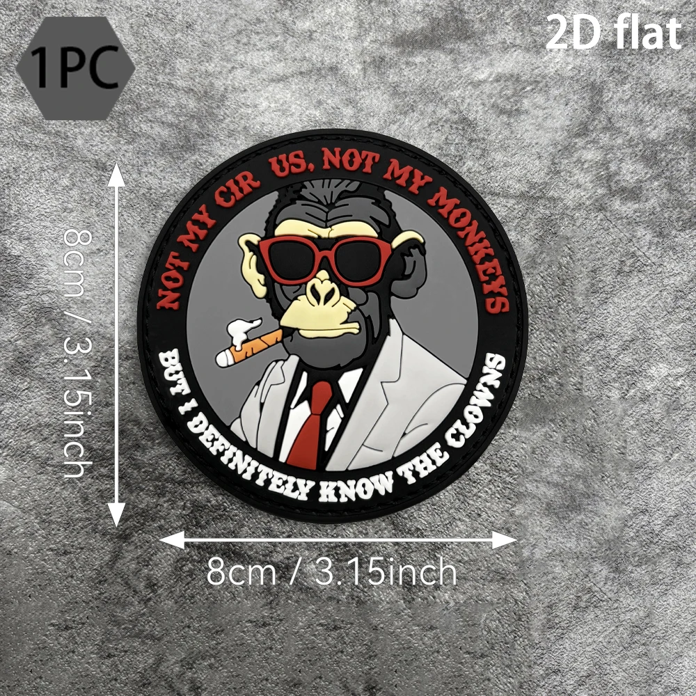 Red and white contrasting color text trendy monkey round 2D flat PVC material morale patch, soft texture that does not damage fabrics, can be repeatedly removed and reattached, available in various sizes, 1PC Velcro patch with free rough side, versatile for cycling, mountaineering, and bag decoration armband