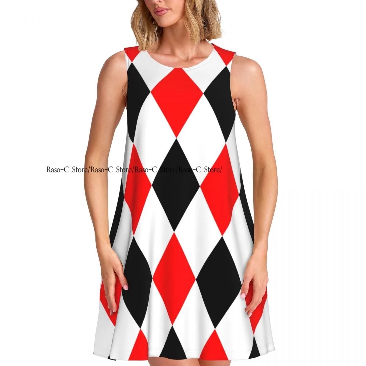 Women's Dress Summer Casual T Shirt Dresses Beach Cover up Red Black And White Rhombuses Pattern Tank Dress