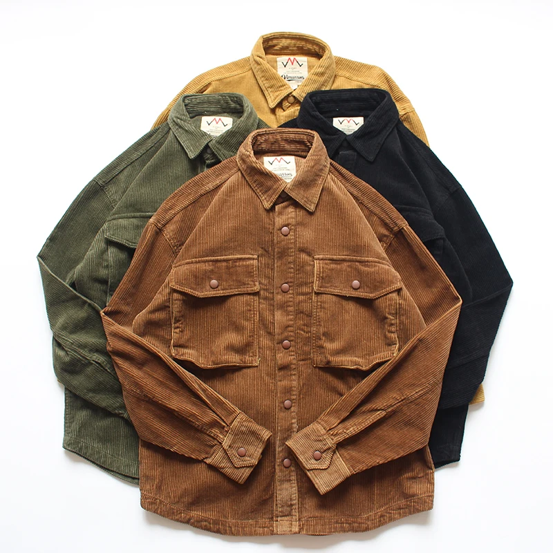 

Snap Buttons Corduroy Jackets for Men Y2k Autumn Pockets Thick Heavyweight Shirts Coats Vintage Casual Loose Workwear Outwear