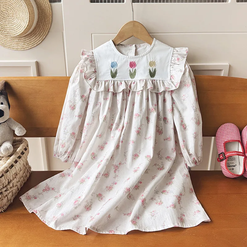

Girls Dress Korean Print 2025 Autumn New Item Tulip Embroidery Long Sleeved Contrasting Color Fashionable Cute Sweet