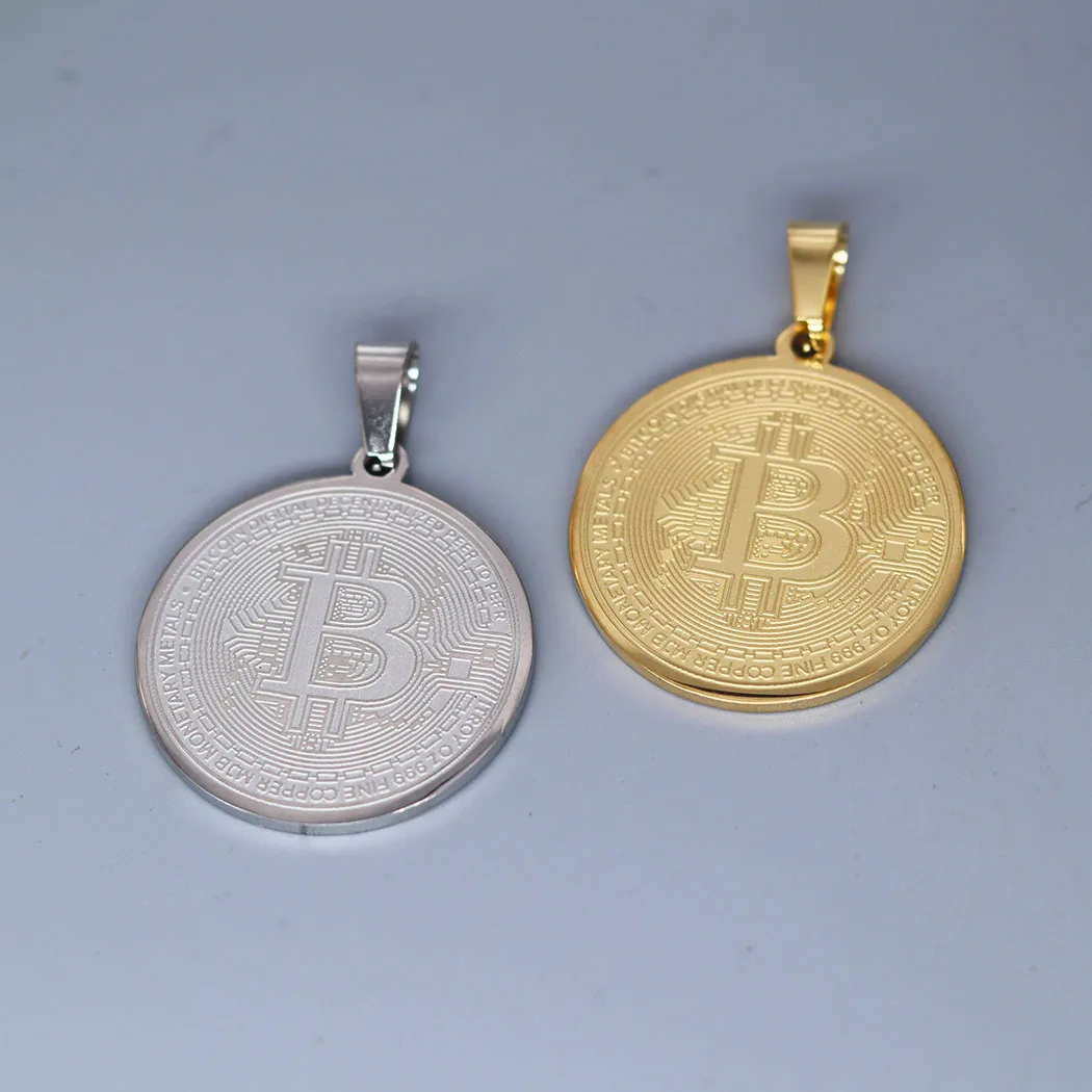 2 pçs bitcoin pingente de aço inoxidável medalha símbolo encantos para  fazer jóias colar chaveiro encontrar coleção jóias presentes / Joias fashion