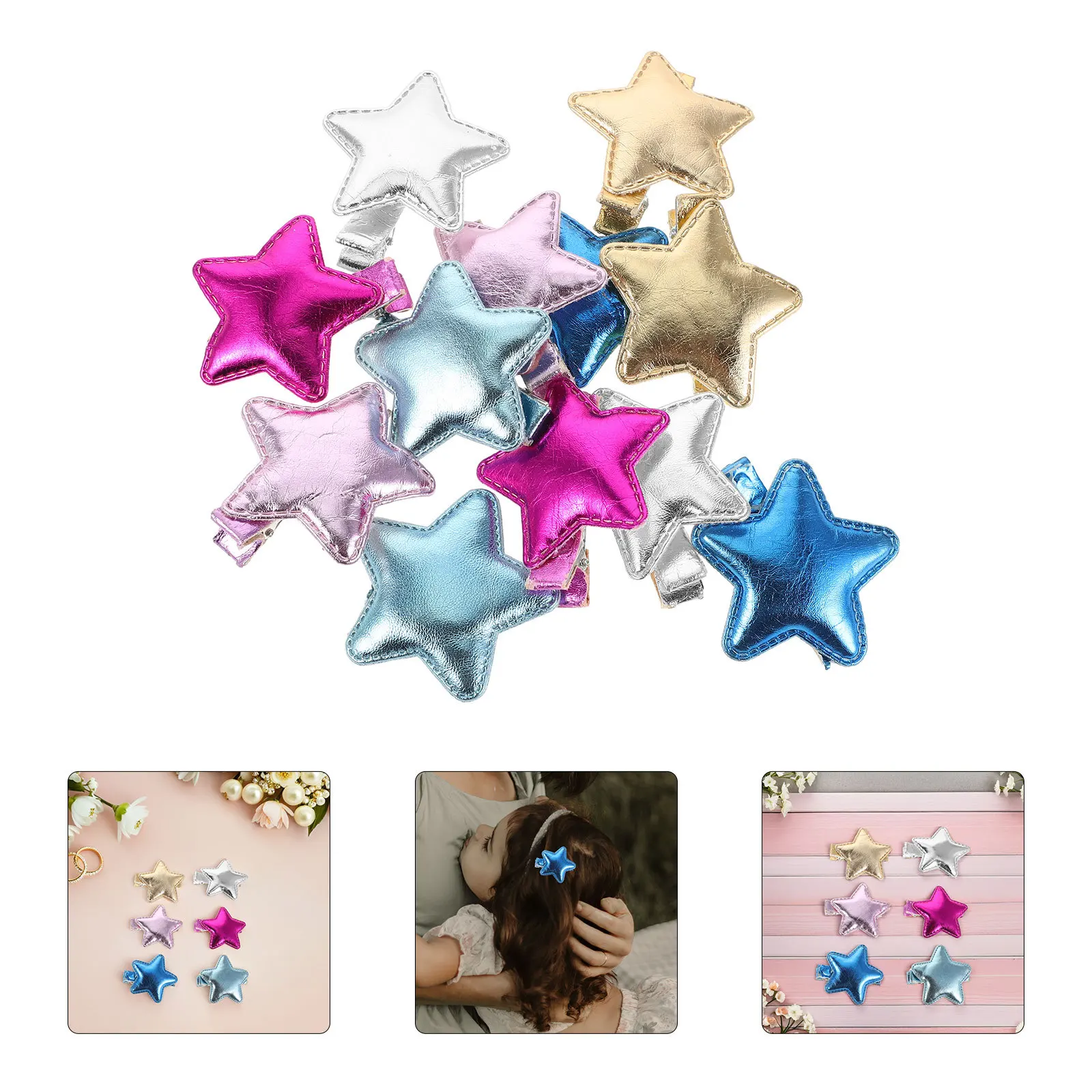 

12Pcs Shiny PU Star Hair Clips for Cute Snap Barrettes Hairpins Party School Everyday Accessories