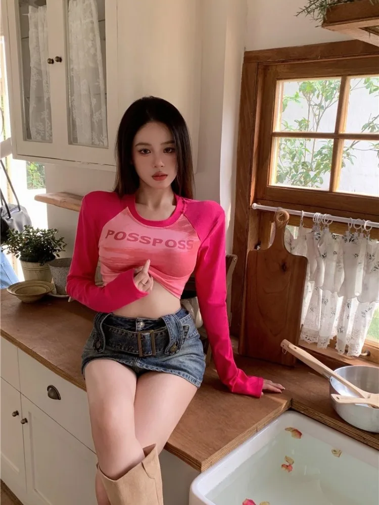 Japanese Sweet Gothic Pink Long Sleeve T-shirt Women Crop Top Y2k Clothes Trend Harajuku Tees Sexy Slim Streetwear Vintage Tops