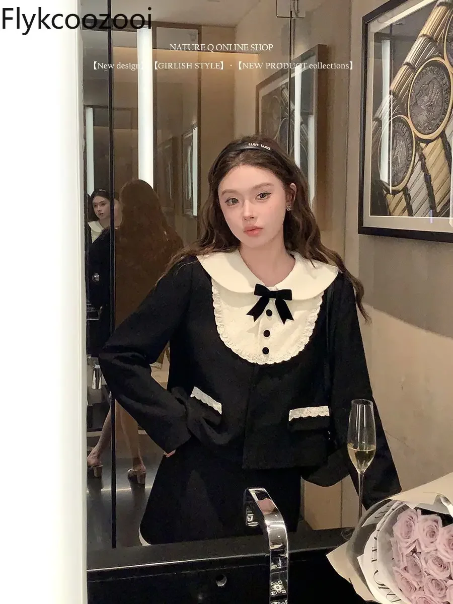 French Rich Family Daughter Elegant Suit Female Autumn Black Miu Doll Collar High-grade Coat Two Piece Sets Womens Outifits