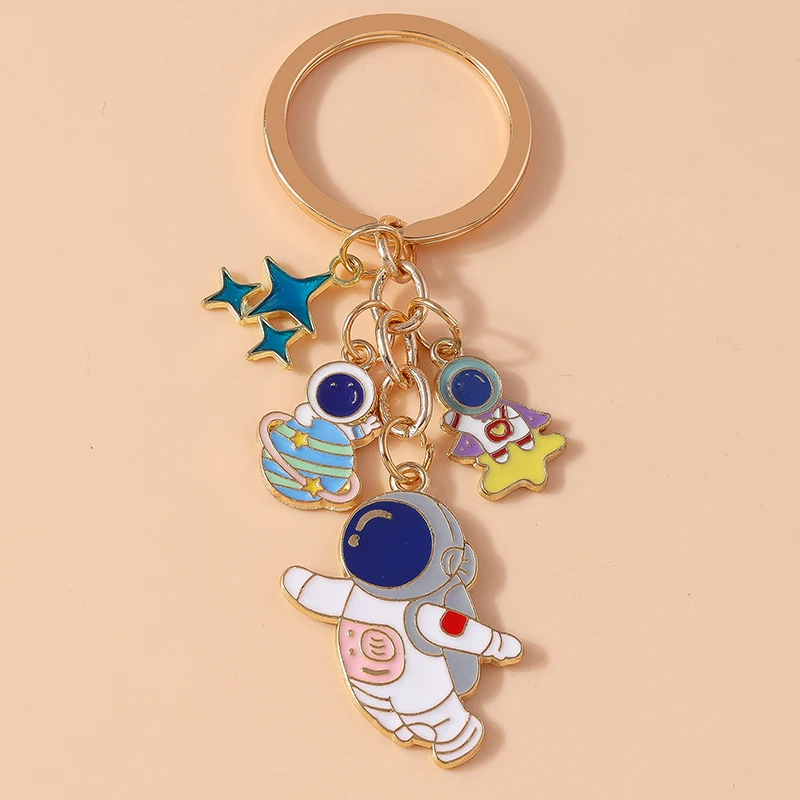 Cute Space Keychain Enamel Astronaut Rocket Moon Star Keyrings for Women Men Car Key Handbag Pendent Key Chains DIY Gifts