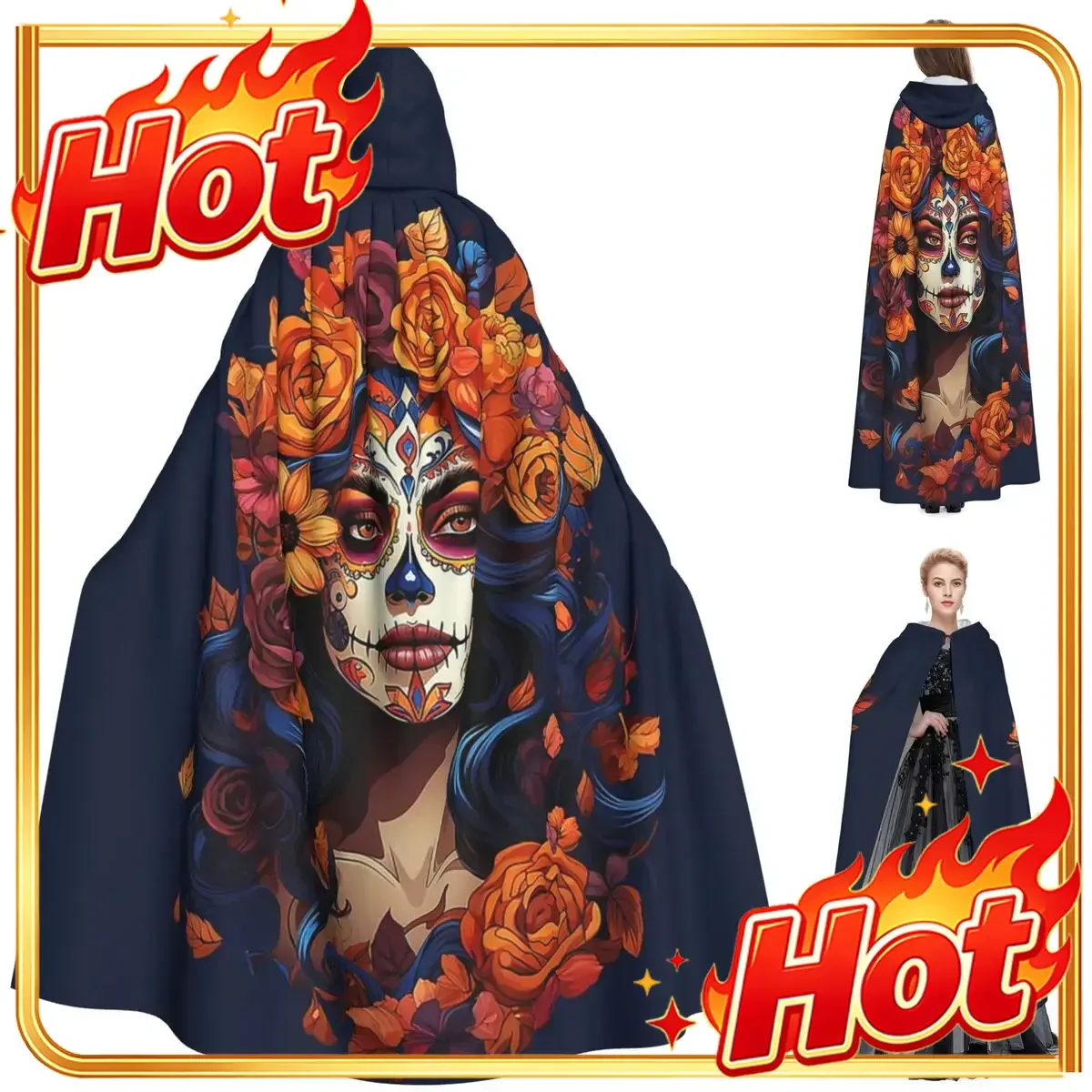 Mexican Catrina Girl Day Of The Dead Long Hooded Cloak Witch Medieval Costume Cosplay Cape HalloweenVampire Adult Unisex