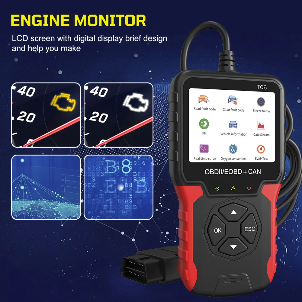 تحقق من نظام المحرك T06 Obd2 الماسح الضوئي أداة تشخيص السيارة جهاز اختبار بطارية قارئ الرمز اكسسوارات السيارات دعم متعدد اللغات #6