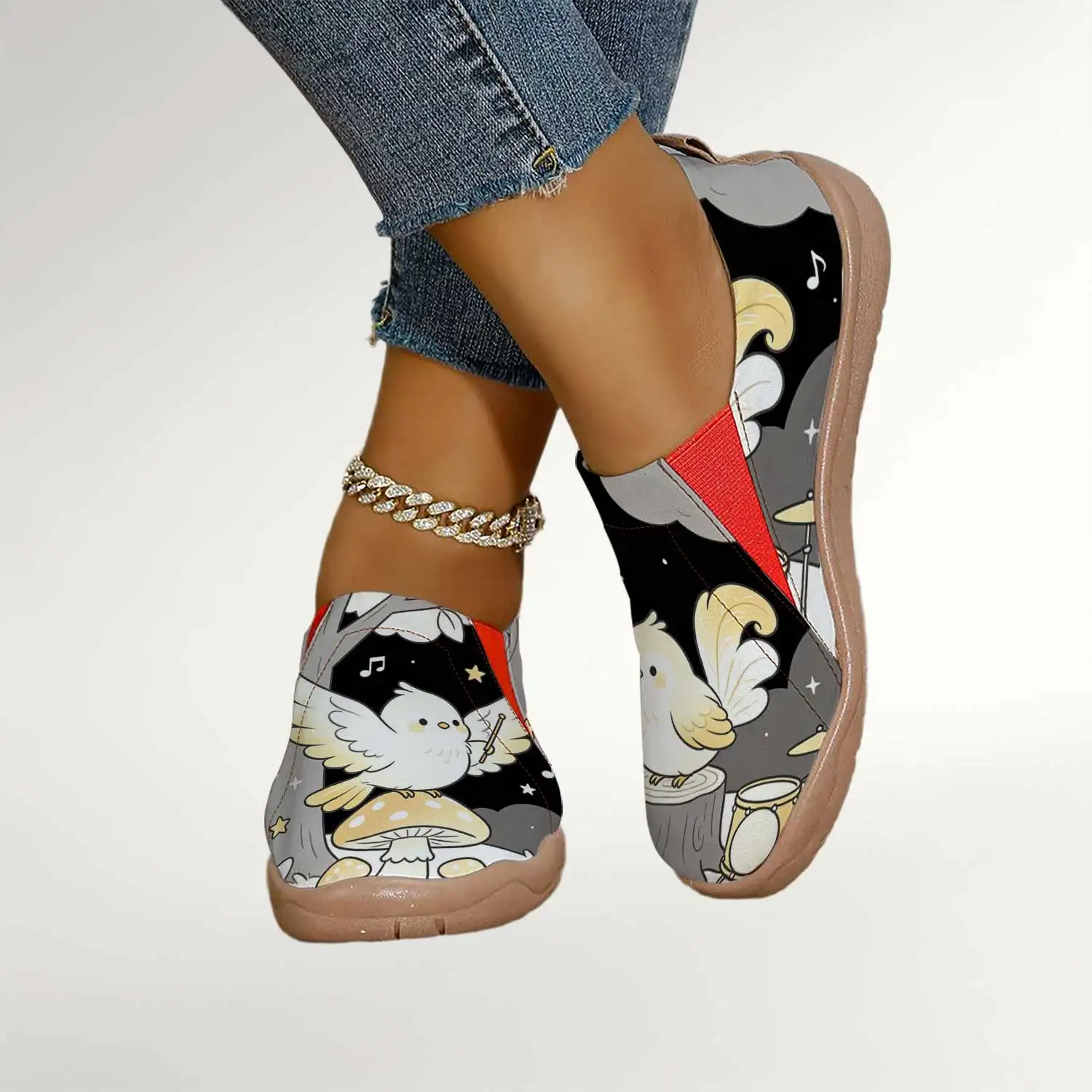 Women's Cute White Bird-Print Slip-On Shoes, Wide-Toe Comfortable Walking Shoes, Lightweight Breathable Canvas Loafers, College-Style Daily Casual Shoes for Wide-Footed Women - view 4