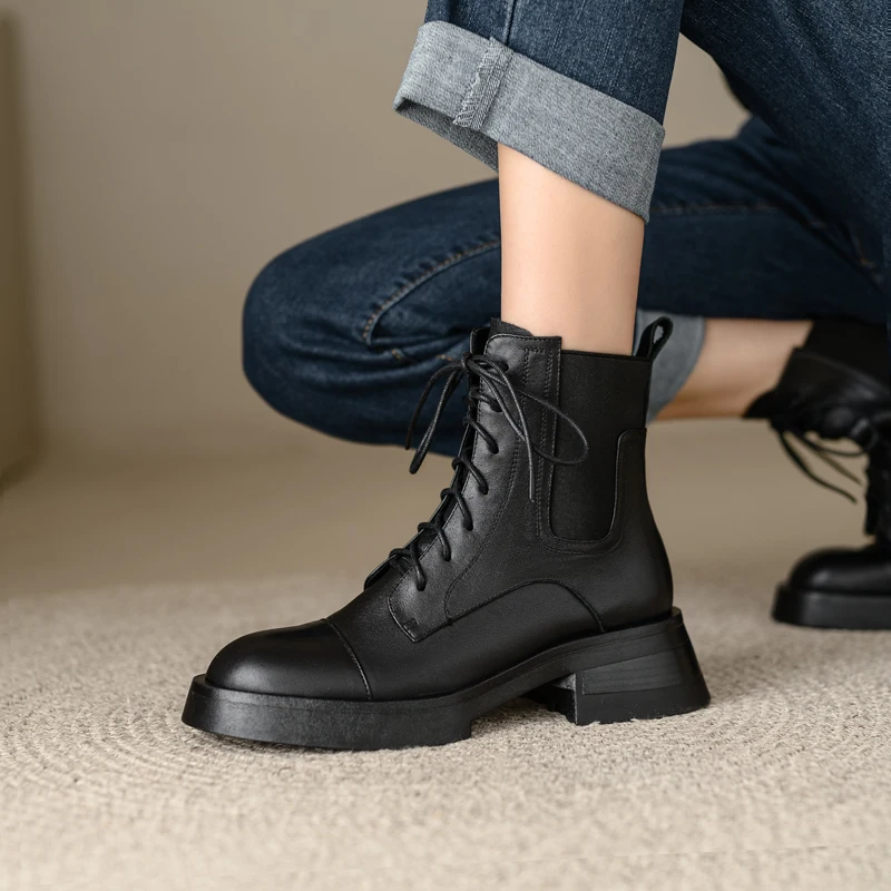 Size 34-39 Ankle Boots for Women Real Leather Thick Mid Heels Fall Winter Shoes Vintage Platform Short Booties Shoes for Women