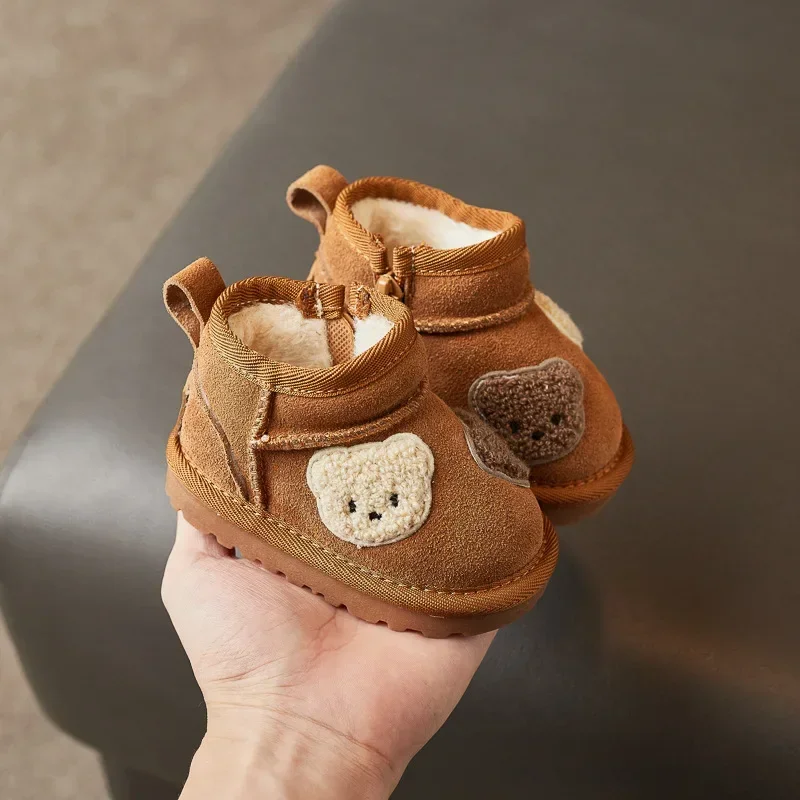 Toddler Kids Bear Patch Winter Ankle Boots Thick Fleece Lined Warm Side Zip Non‑slip Soft Sole Boots For Cold Daily Wear