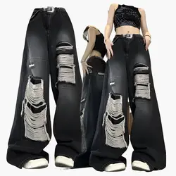 Blue Ripped Jeans for Women Slouchy Harajuku Y2k Pants New Hip Hop Punk Baggy Jeans Women Wide Leg Straight Trousers Streetwear