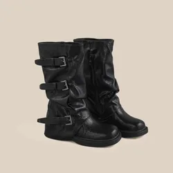 Round Toe Belt Buckle Women Boots Fashion Flat Sole Mid Calf Autumn Niche Design Patent Leather Soid Women Shoes New Arrivals