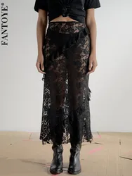 Fantoye-Falda Sexy de encaje transparente para mujer, falda negra de cintura alta Floral Y2k, ropa de calle informal para vacaciones de verano, 2023