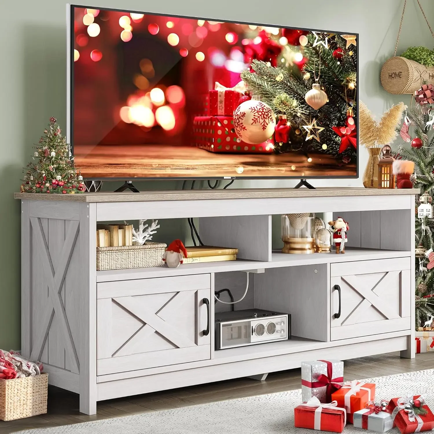 TV Stand for 65 55 Inch TV with Power Outlet, Farmhouse Entertainment Center with Storage Cabinets and Open Shelf, Rust