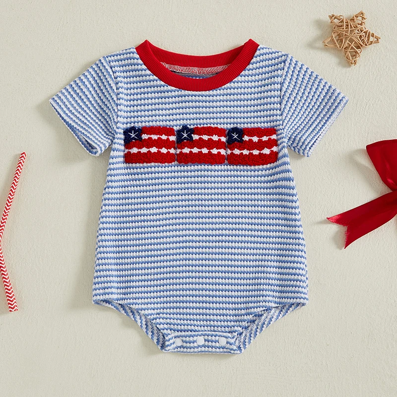 Mono patriótico para bebés, pelele informal de manga corta con estampado de rayas y bordado de bandera para recién nacidos, ropa bonita