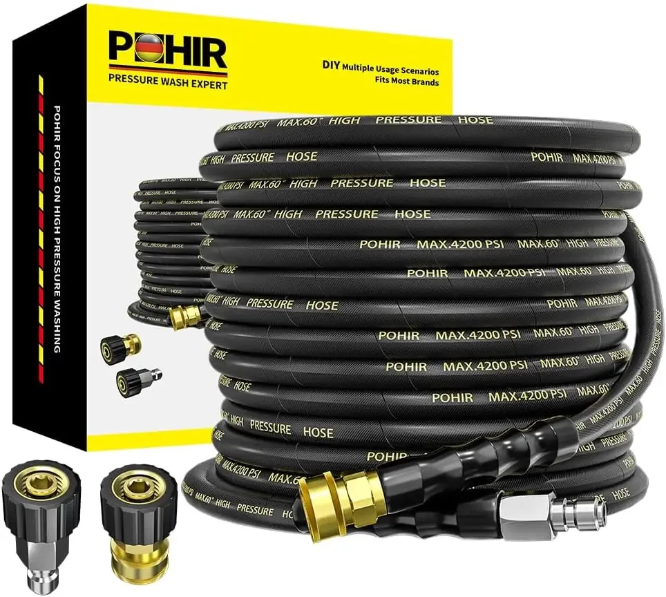 Pressure Washer Hose 50 ft with 3/8 Inch Quick Connect, Kink Resistant High Tensile Wire Braided,with 2 pcs M22 14mm Adapt