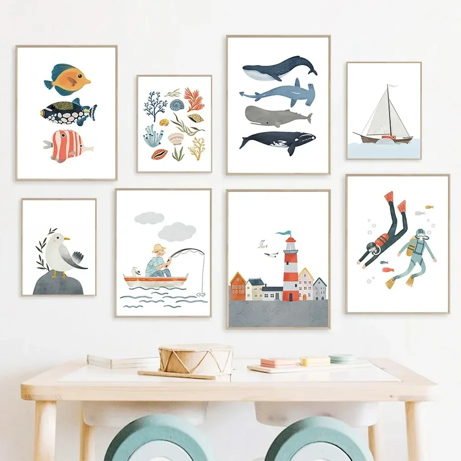 Veleros, casas de luz, ballenas, gavitas, conchas marinas, buzos, murales, arte de pared, impresión minimalista, pintura en lienzo, carteles para decoración del hogar