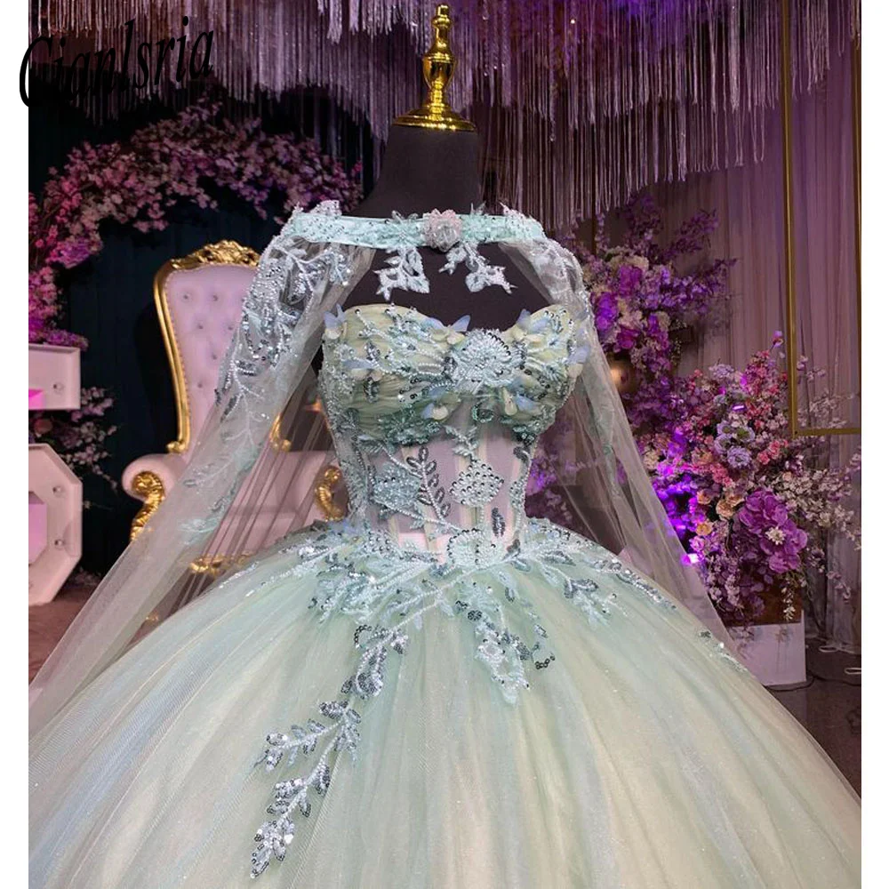 

Мятно-зеленое бальное платье с блестками и бисером, платья Quinceanera с накидкой, иллюзия, аппликации, кружевной корсет, Vestidos De 15, Quinceanera