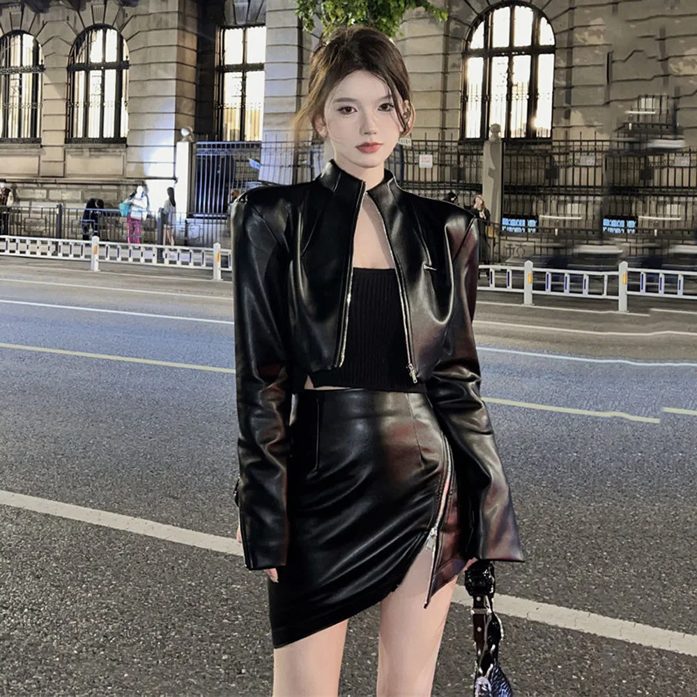 2023 Autumn New High Street Two-piece Set Casual pu Leather Long Sleeve Crop Jacket + Asymmetric Zipper Sexy A- Line Skirt Women