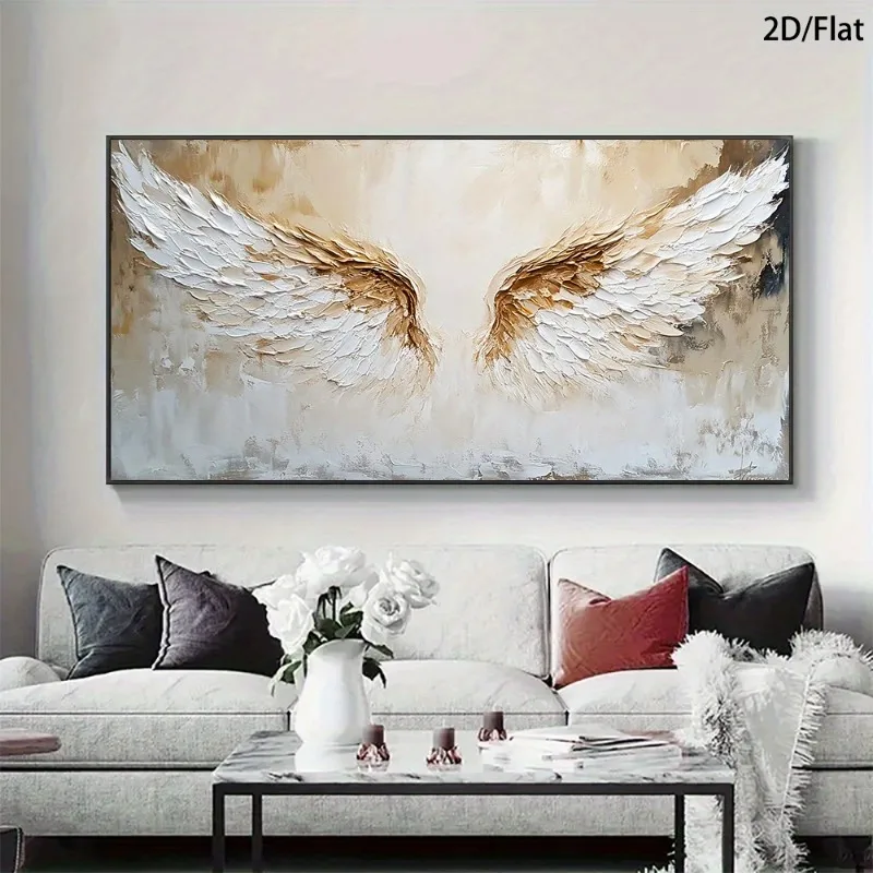 

Frameless Modern Golden Angel Wings Canvas Wall Art - Golden & White Wing Design, High-Quality Print, Flat 2D Contemporary Decor