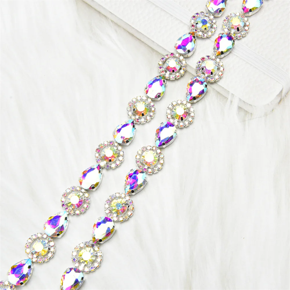 1 Yard Red Green Royal Blue Teardrop Crystal Trim Applique Round Flower Rhinestone Chain Decorative Dress Clothing Accessories