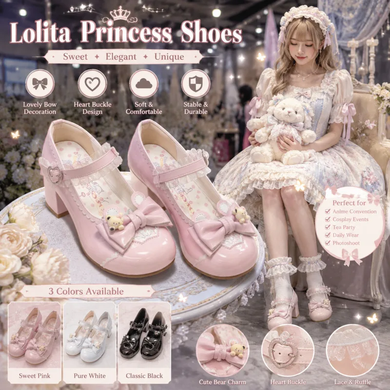 Bow Princess Mary Jane Women Y2K JK Lolita T‑Strap Ballet Flats, Round Toe Low Heel Lace Footwear Gift For Teen Anime Girls Fans