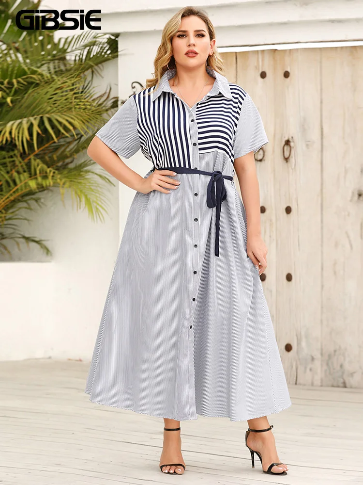 GIBSIE Striped Color Block Belted Shirt Dress Women Summer Short Sleeve A-line Casual Dresses Plus Size Office Maxi Long Dress