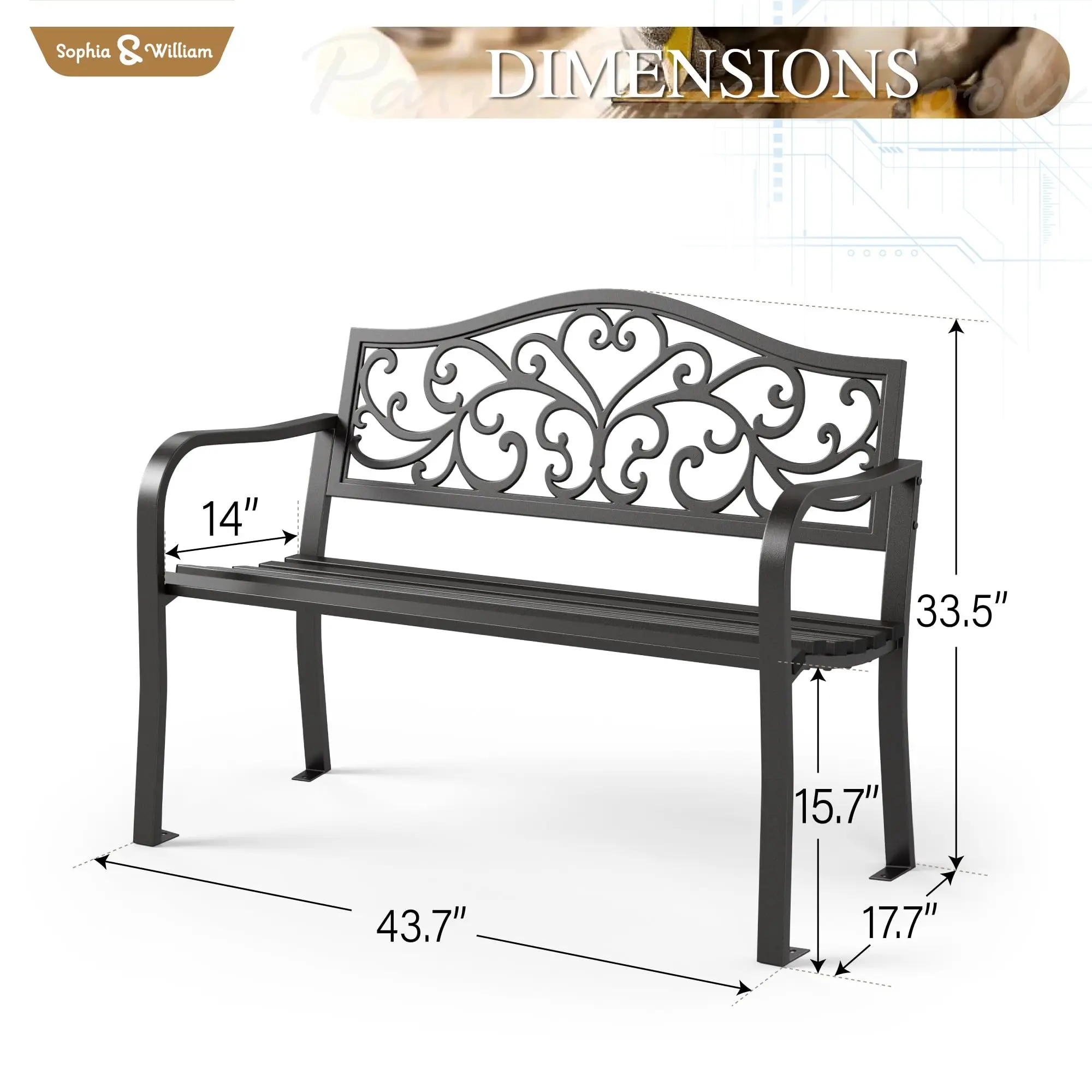 43 Inches Outdoor Bench, Metal Garden Bench, Floral Black