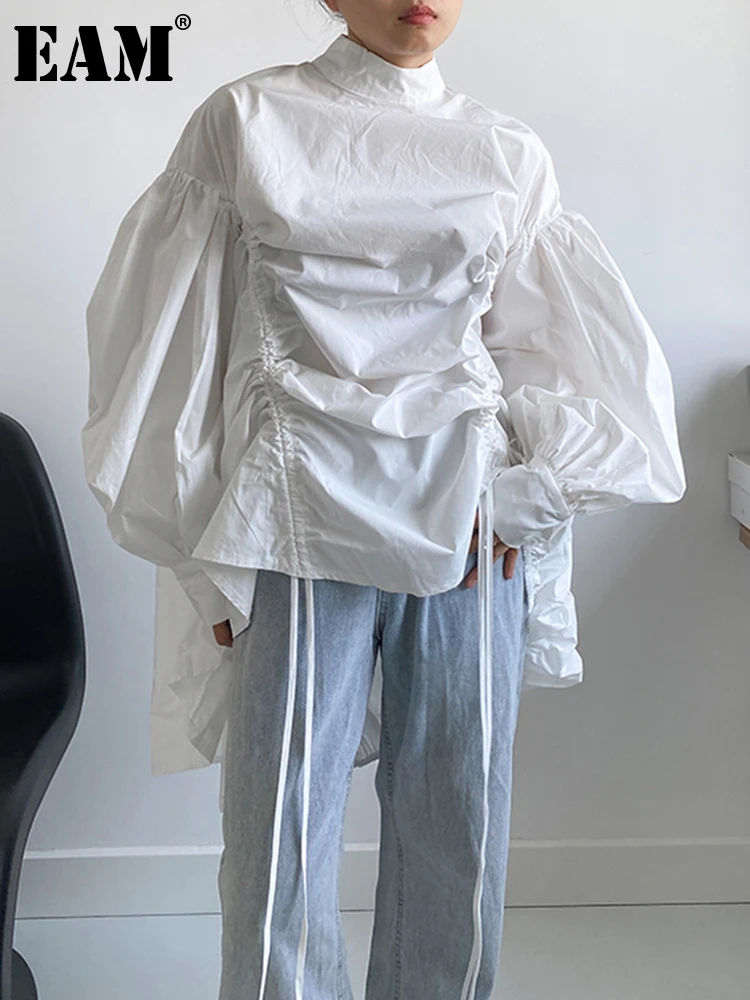 EAM Women Irregular Drawstring Big Size White Blouse New Stand Collar Long Sleeve Shirt Fashion Tide Spring Autumn 2025 1Z189