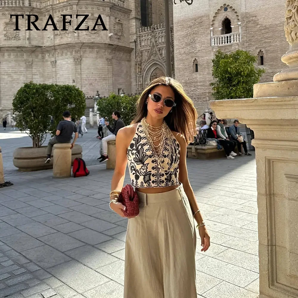 TRAFZA 2024 Spring Summer Cotton linen Embroidery Women Suits Fashion Streetwear V Neck Floral Vests+Chic Mini Pencil Skirts