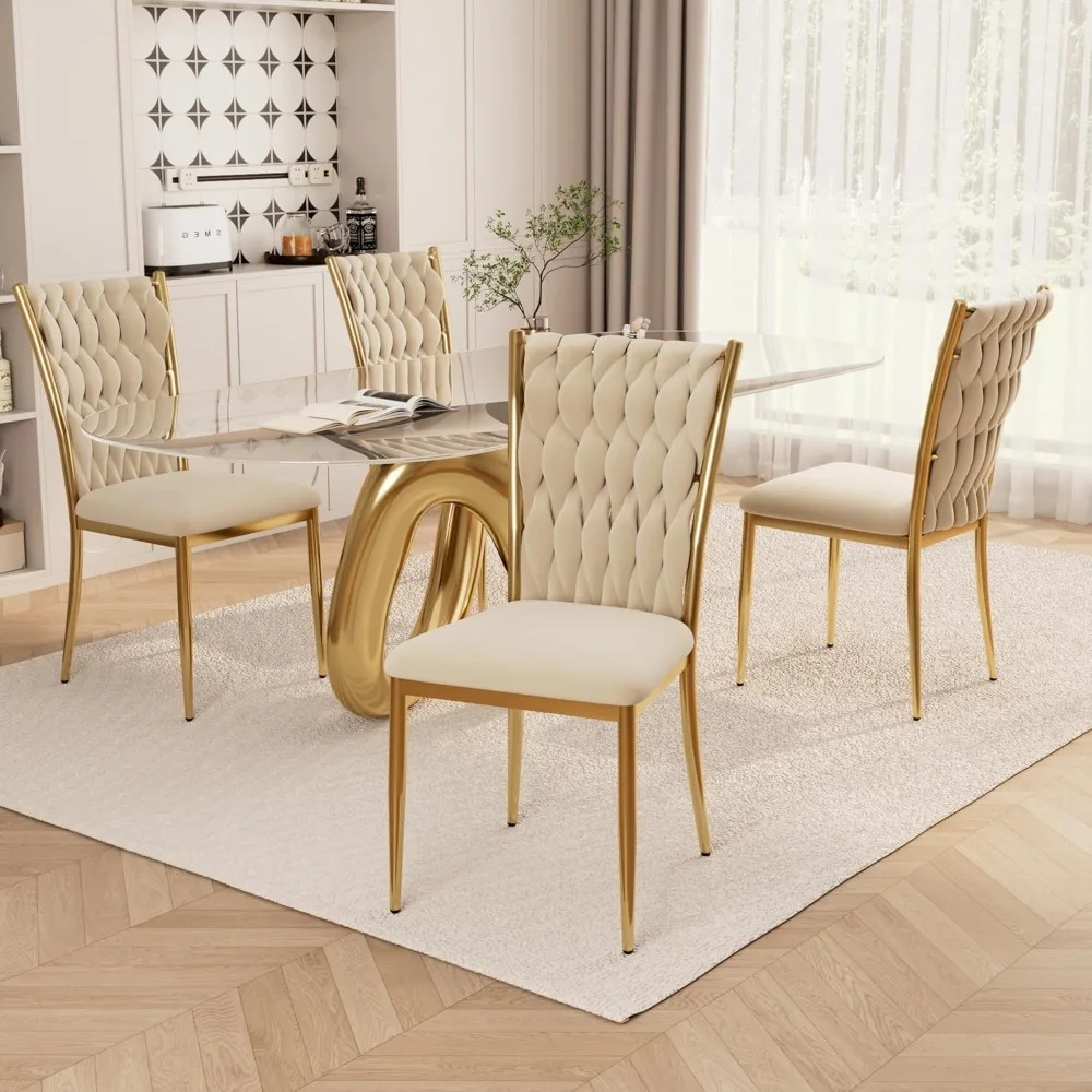 Velvet Dining Chairs Set of 4, Modern Upholstered Kitchen Chairs with Gold Metal Legs, Woven Velvet Fabric and High, Customized