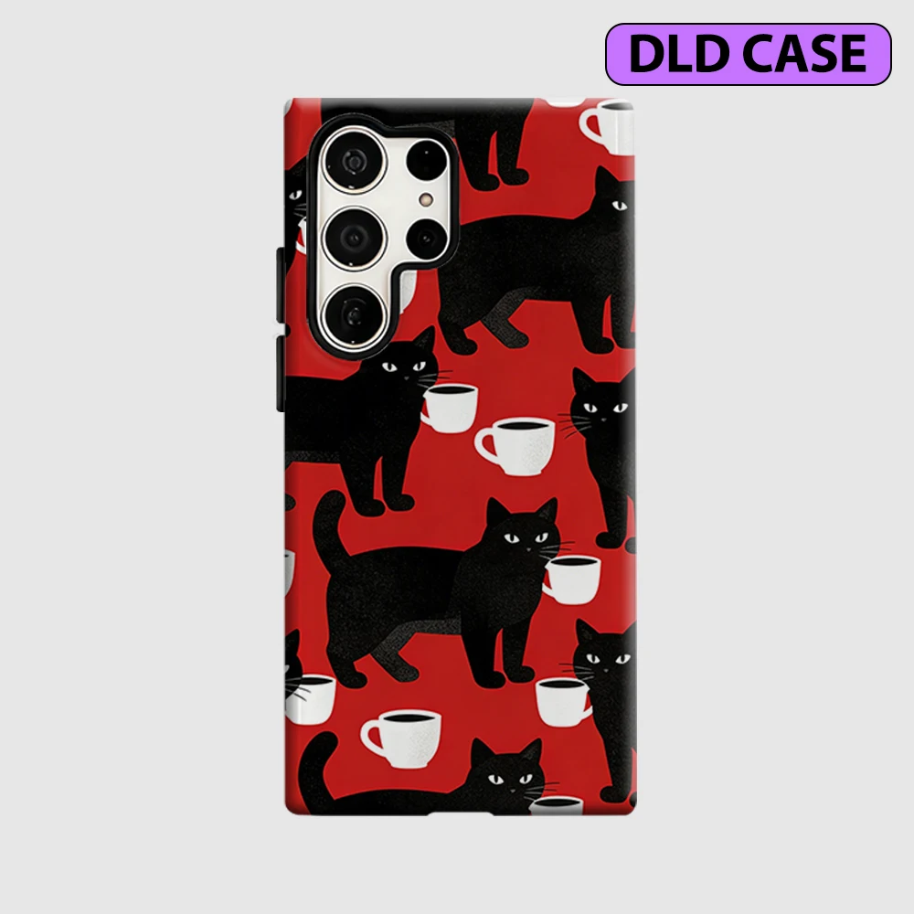 Red Black Cat Coffee Phone Case for Samsung Galaxy S26 S25 Ultra S24 S23 Ultra Plus Shockproof Double Layer Tough Back Cover