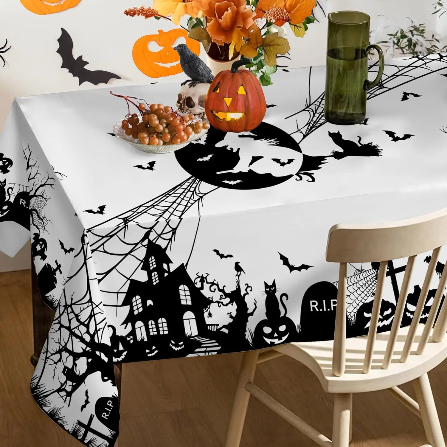 Halloween Witch Castle and Jacks Lantern Rectangle Tablecloth Dining Room Decor Waterproof Tablecloth Halloween Decorations