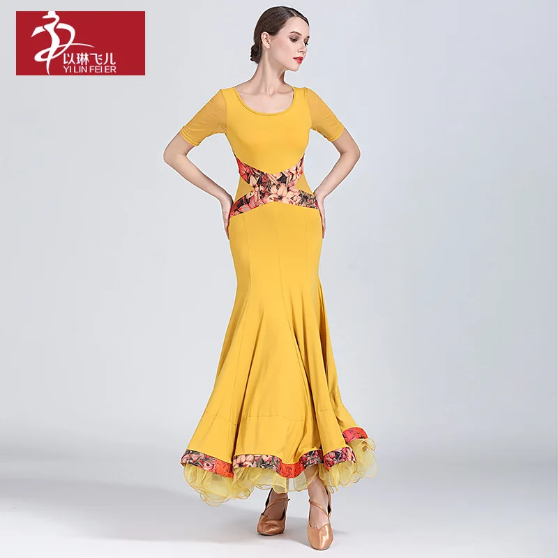 1pcs/lot woman fashion patchwork long ballroom dancing dress girl waltz dancing ruffles dancing dress