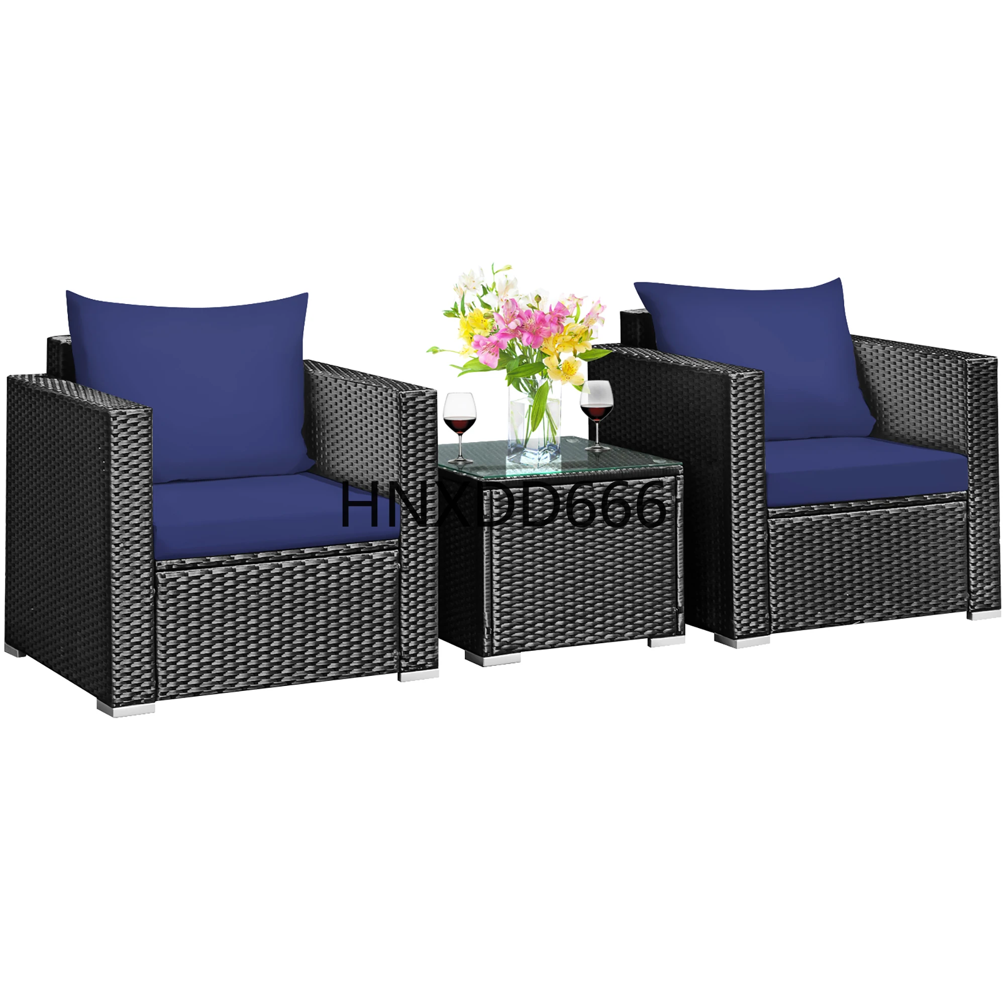 

3PCS Patio Rattan Wicker Furniture Set Sofa Table W/Cushion Yard Navy