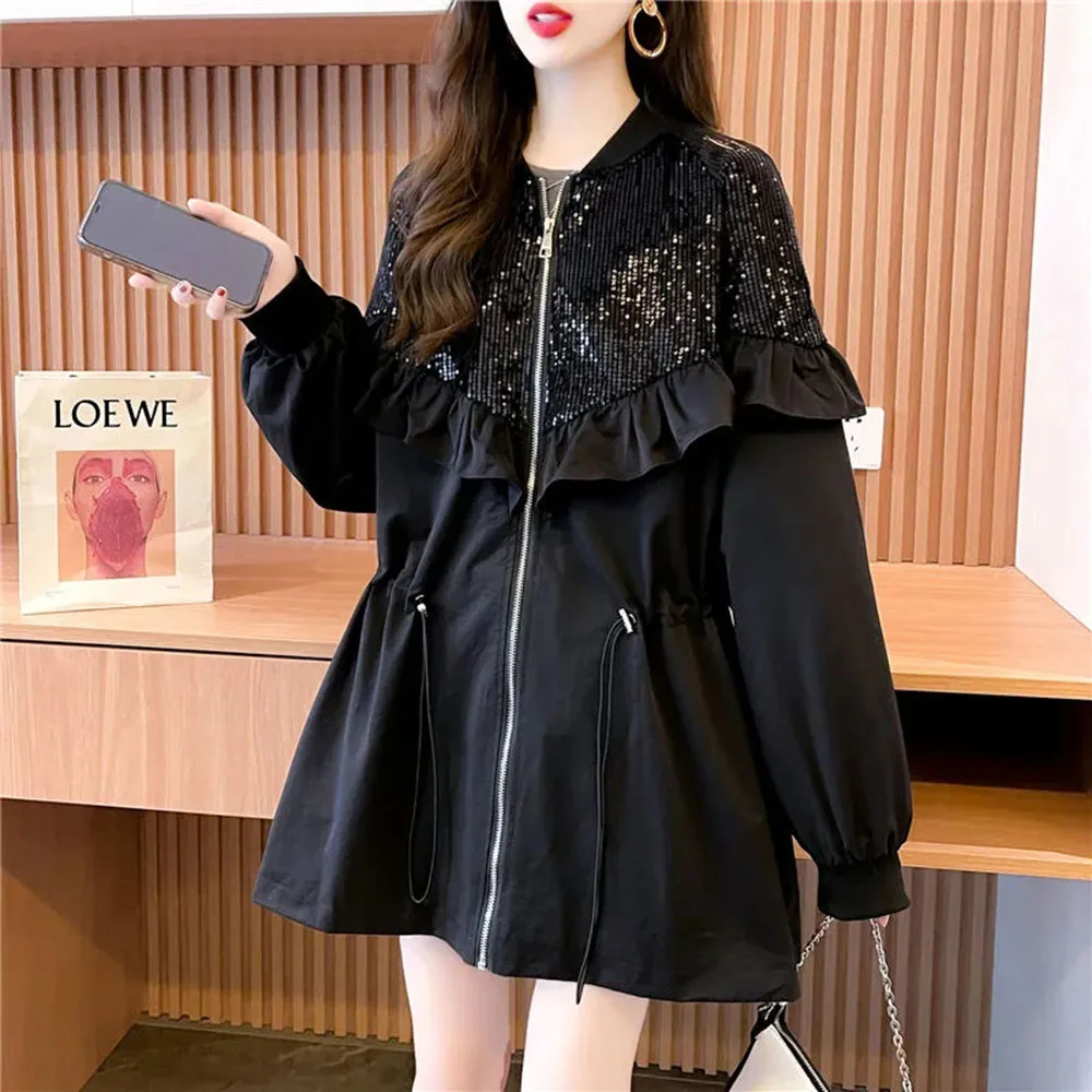 Fashion Sequin Jackets For Womens Spring Autumn Ruffles Coat Female Clothing Casual Drawstring Windbreaker Black Streetwear Tops