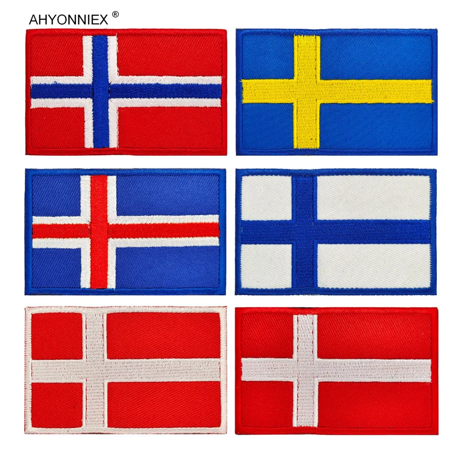 AHYONNIEX 1PC Naszywka z flagą z tkaniny Europa Północna Islandia Dania Norwegia Finlandia Szwecja Naklejka 3D na kurtkę Dżinsy Odzież DIY