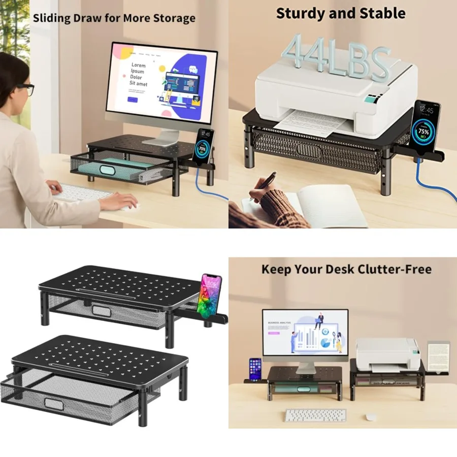 2 Pack Monitor Stand Riser with Metal Drawer, 3 Height Adjustable Monitor Riser with Phone Holder for Printer, Laptop, Premium