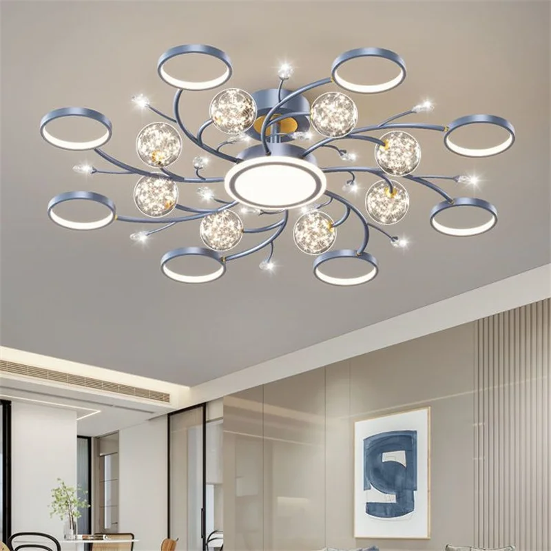 

LED Lights Blue Gray Nordic Chandelier Living Room Lamp Living Room Stmospheric Light Luxury Suction Top Chandelier Set