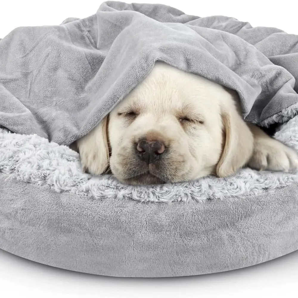 

Small Dog Bed Cat Bed with Hooded Blanket, Cozy Cuddler Luxury Puppy Pet Bed, Donut Round Calming Anti-Anxiety Dog Burrow Cave B