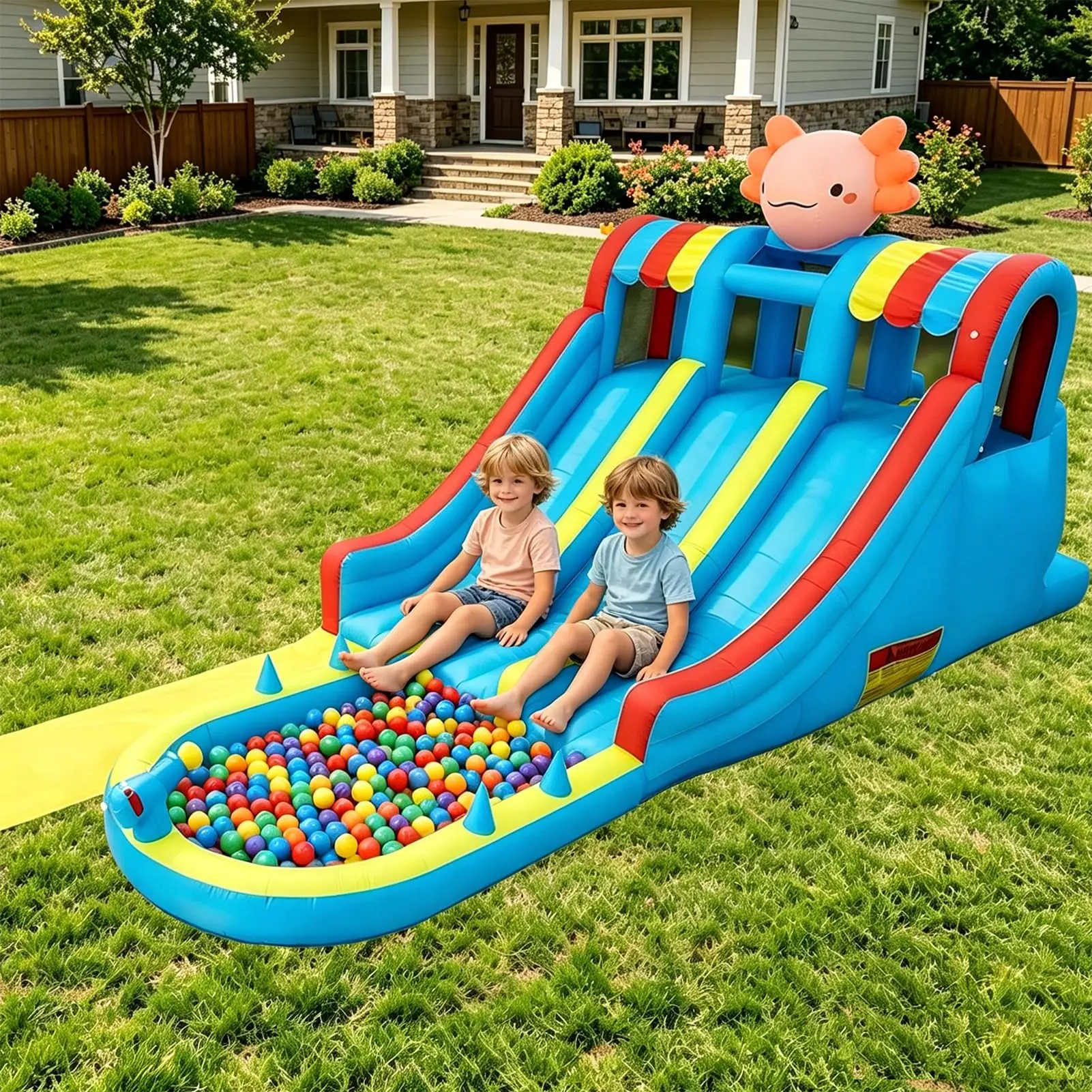 Inflatable Water Slide Bounce House for Kids 3-10, 8 in 1 Dual Slides Water Park Bouncy Castle with Blower, Jump House for Indoor Outdoor Backyard Birthday Holiday Party, Adorable Axolotl Theme