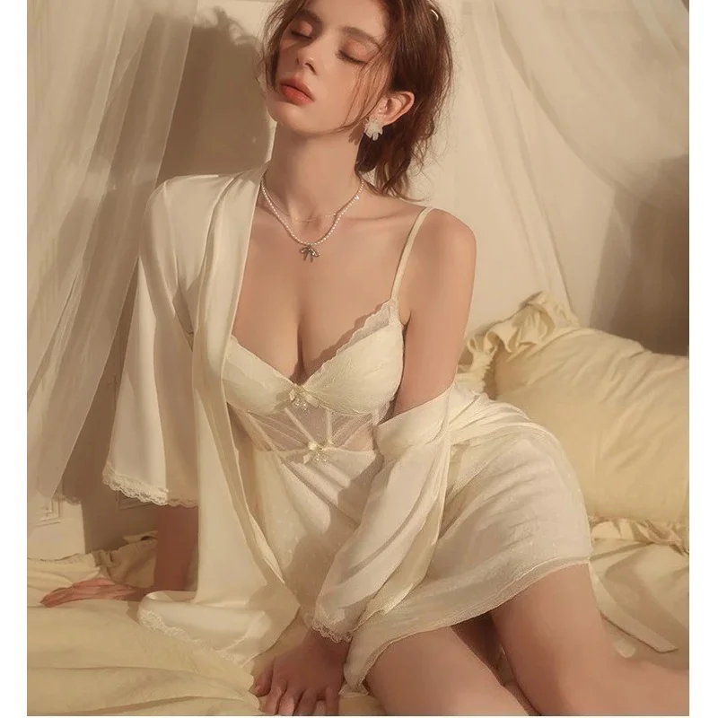 

Комплект Twinset: летний кружевной халат-кимоно, пеньюар, ночная сорочка на бретельках, домашняя одежда d'4o