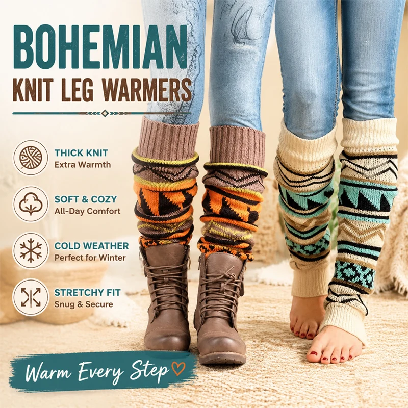 Bohemian Color Block Knit Wool Leg Warmers for Women Thick Mid-Calf Socks for Layering Winter Set Cozy Comfort for Cold Weather