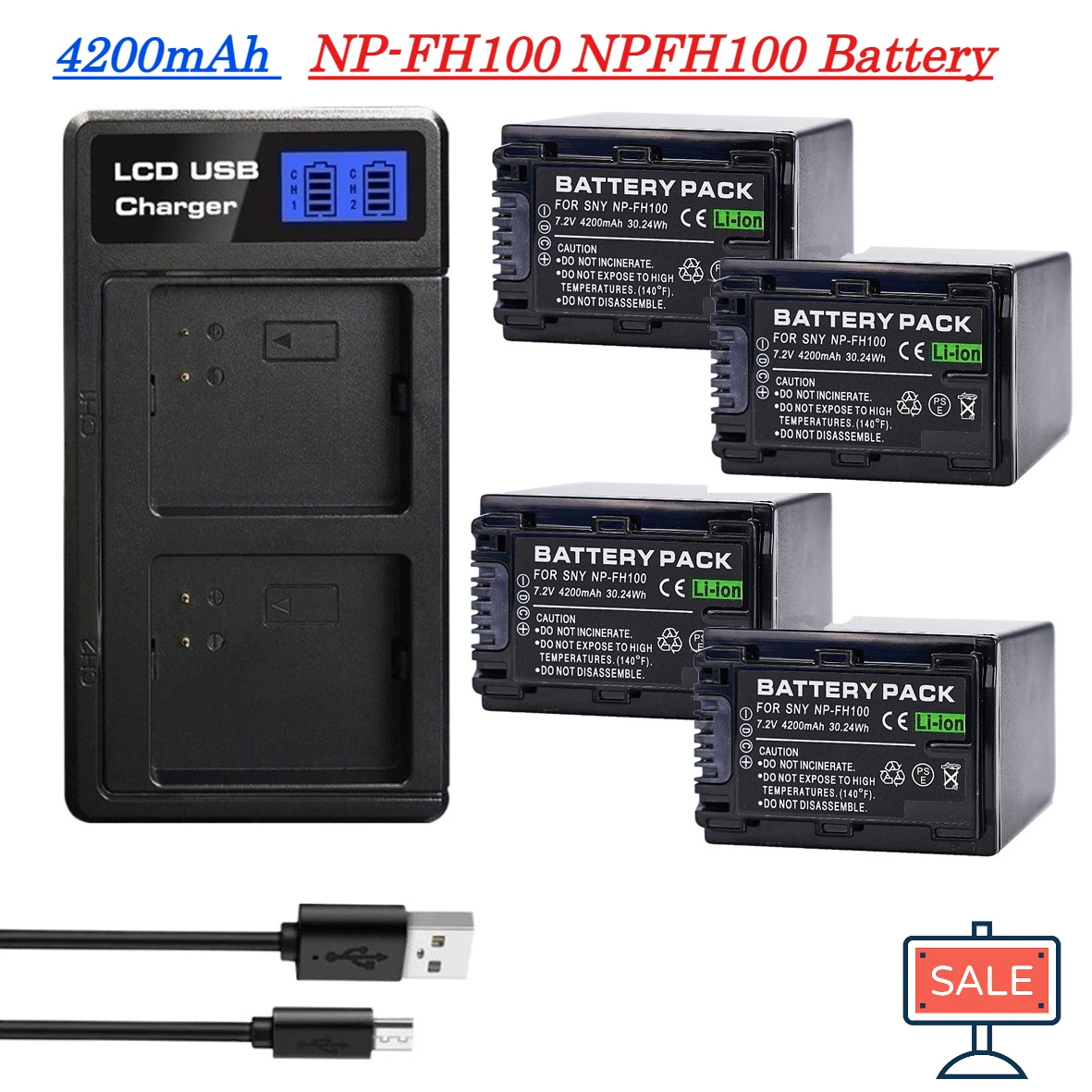 Batería NP-FH100 NPFH100 de 4200 mAh + Cargador Dual USB con Pantalla LCD para SONY NP-FH70 FH50 FH30 DCR-SX40 SX40R A230 A330 A290 A380 A390