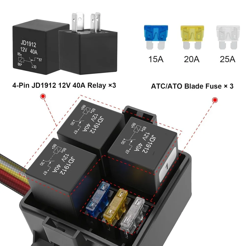 12V/24V 3 6 Way Pre-Wired Fuse Relay Box Waterproof JD1912 JD1914 40A Relays With 3 6 ATC/ATO Blade Fuses for Cars Truck Boat